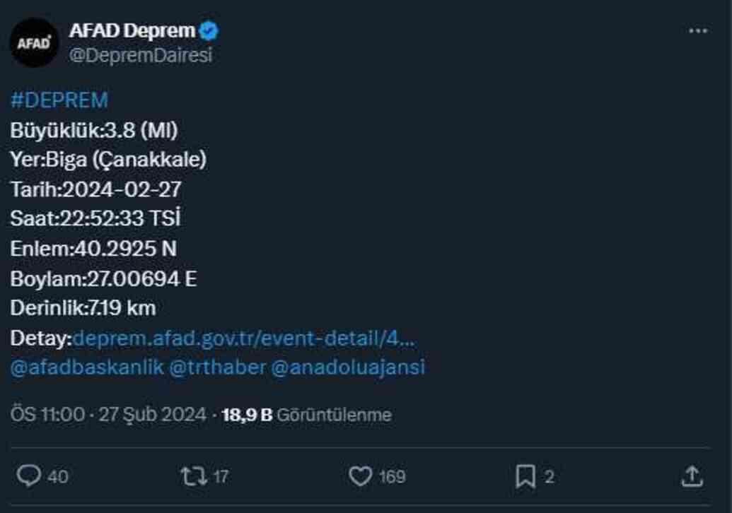 Çanakkale sallanmaya devam ediyor: Biga ilçesinde 3,8 büyüklüğünde deprem meydana geldi