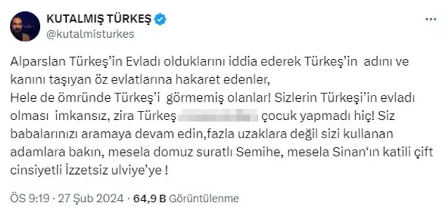 Ülkü Ocakları'nın Ayyüce Türkeş'i ihanetle suçlamasının ardından Kutalmış Türkeş'ten zehir zemberek sözler