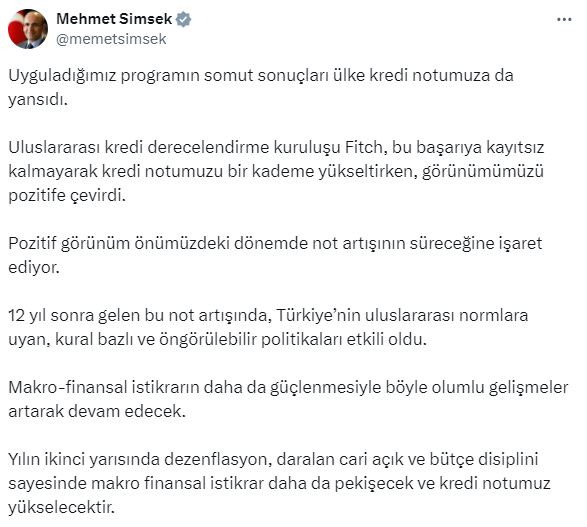 12 yıl sonra bir ilk! Fitch'in Türkiye'nin kredi notunu yükseltmesine Bakan Şimşek'ten ilk yorum