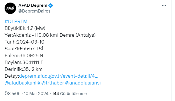 Antalya'da 4,7 büyüklüğünde deprem meydana geldi