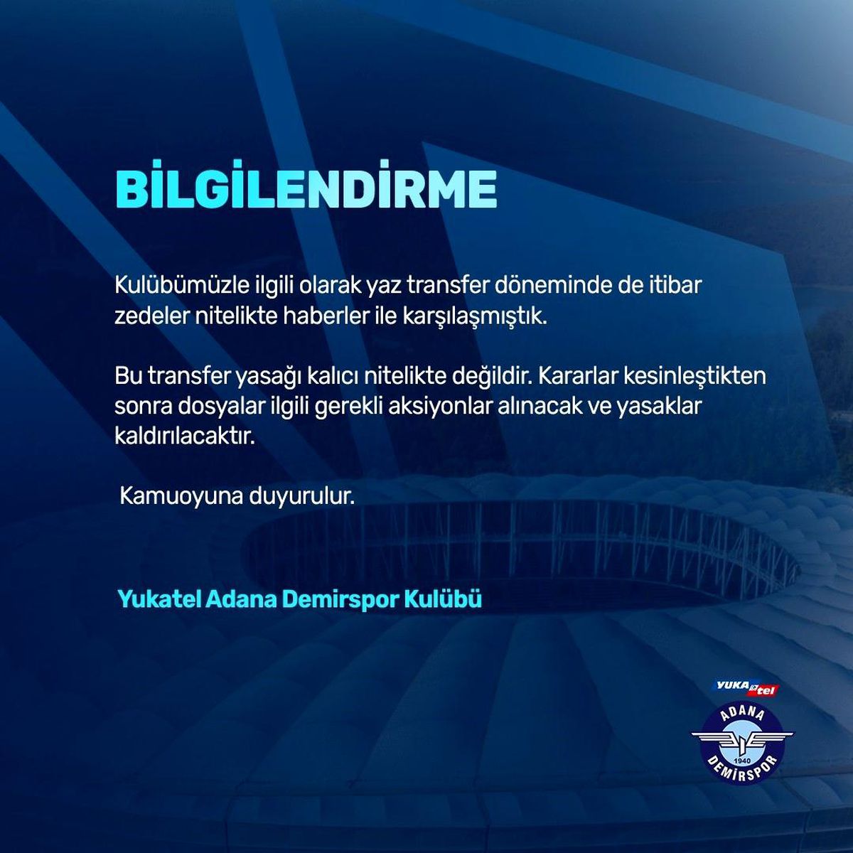 Adana Demirspor, FIFA'dan aldığı transfer yasağının kalıcı olmadığını açıkladı