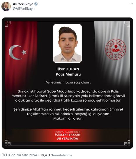 Cumhurbaşkanı Erdoğan'ın koruma ekibinin Şırnak'ta geçirdiği trafik kazasında yaralanan 1 polis daha şehit oldu