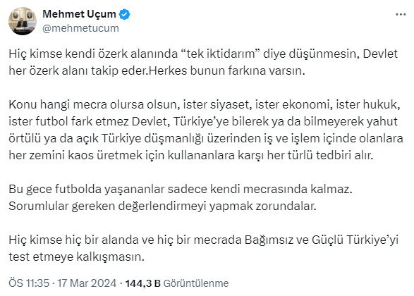 Cumhurbaşkanı Başdanışmanı Uçum'dan olayla maçla ilgili ilk yorum: Hiç kimse Güçlü Türkiye'yi test etmeye kalkışmasın