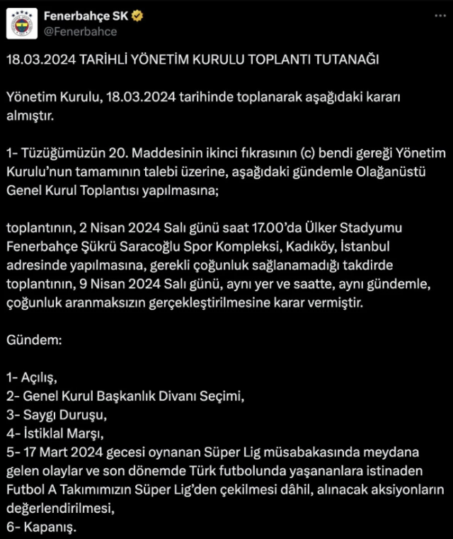 Fenerbahçe, Trabzonspor maçında çıkan olayları değerlendirmek üzere 2 Nisan'da olağanüstü genel kurul toplantısı kararı aldı