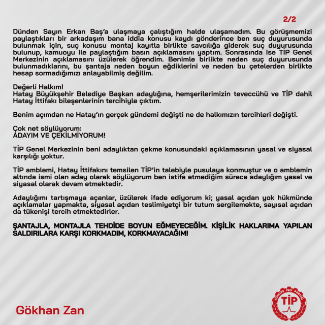 Gökhan Zan: TİP'in açıklamasının yasal karşılığı yok, adayım