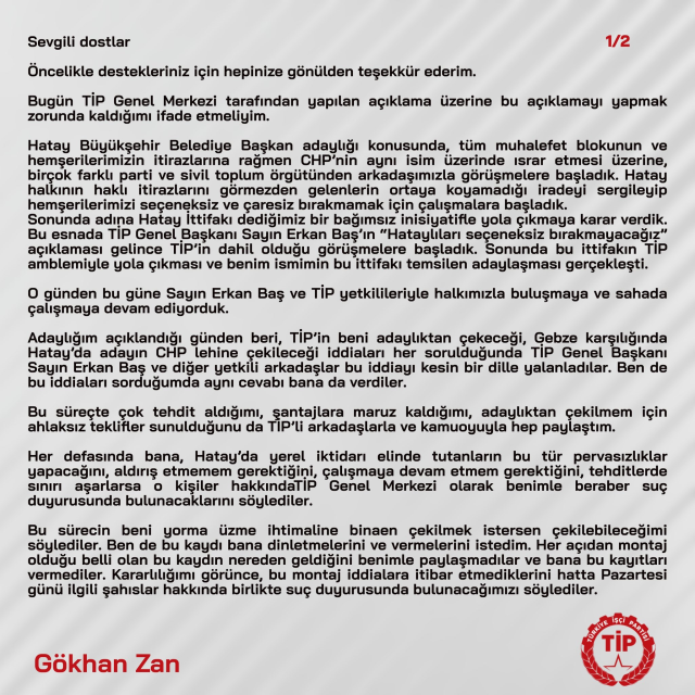 Gökhan Zan: TİP'in açıklamasının yasal karşılığı yok, adayım