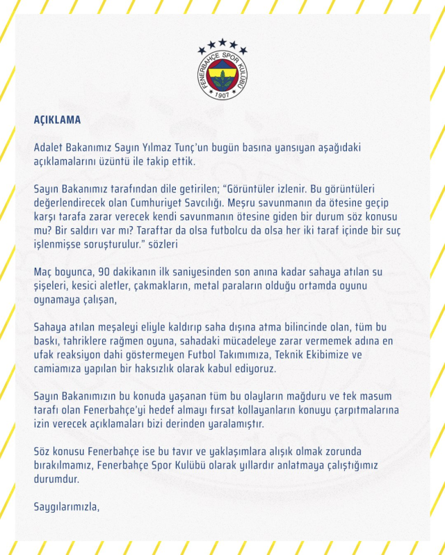 Fenerbahçe'den Adalet Bakanı Yılmaz Tunç'a yanıt: Açıklamalarını üzüntü ile takip ettik