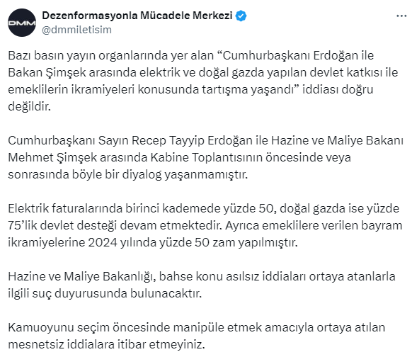 Erdoğan ile Şimşek'in emekli ikramiyeleri nedeniyle tartıştığı iddiasına İletişim Başkanlığından yalanlama