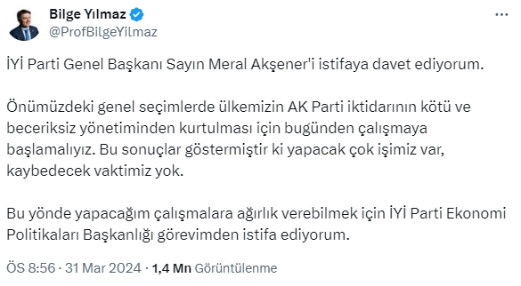 Bilge Yılmaz, İYİ Parti lideri Akşener'i istifaya davet etti