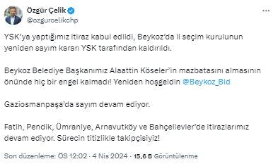 YSK, Beykoz'da yeniden sayım kararını geri çekti! Mazbata CHP'li Alaattin Köseler'e verilecek