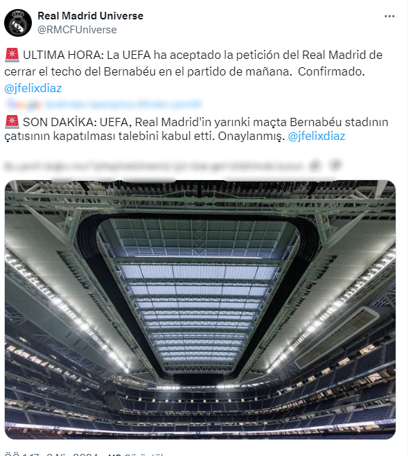 Erken Finalde Real Madrid daha iyi ambiyans için stadın üstünü kapatacak
