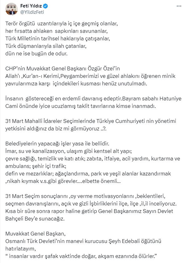 MHP'li Feti Yıldız'dan CHP lideri Özel'e 'Ölüm' göndermeli mesaj