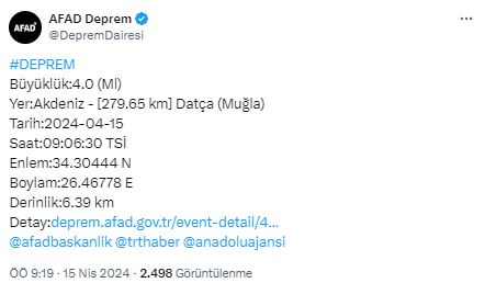 Muğla'nın Datça ilçesinde 4 büyüklüğünde bir deprem meydana geldi