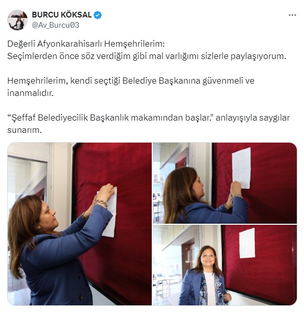 Afyonkarahisar Belediye Başkanı Burcu Köksal, mal varlığını belediye panosuna astı