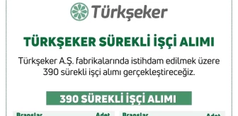 Türkiye Şeker Fabrikaları A.Ş. 390 sürekli işçi alımı yapacak