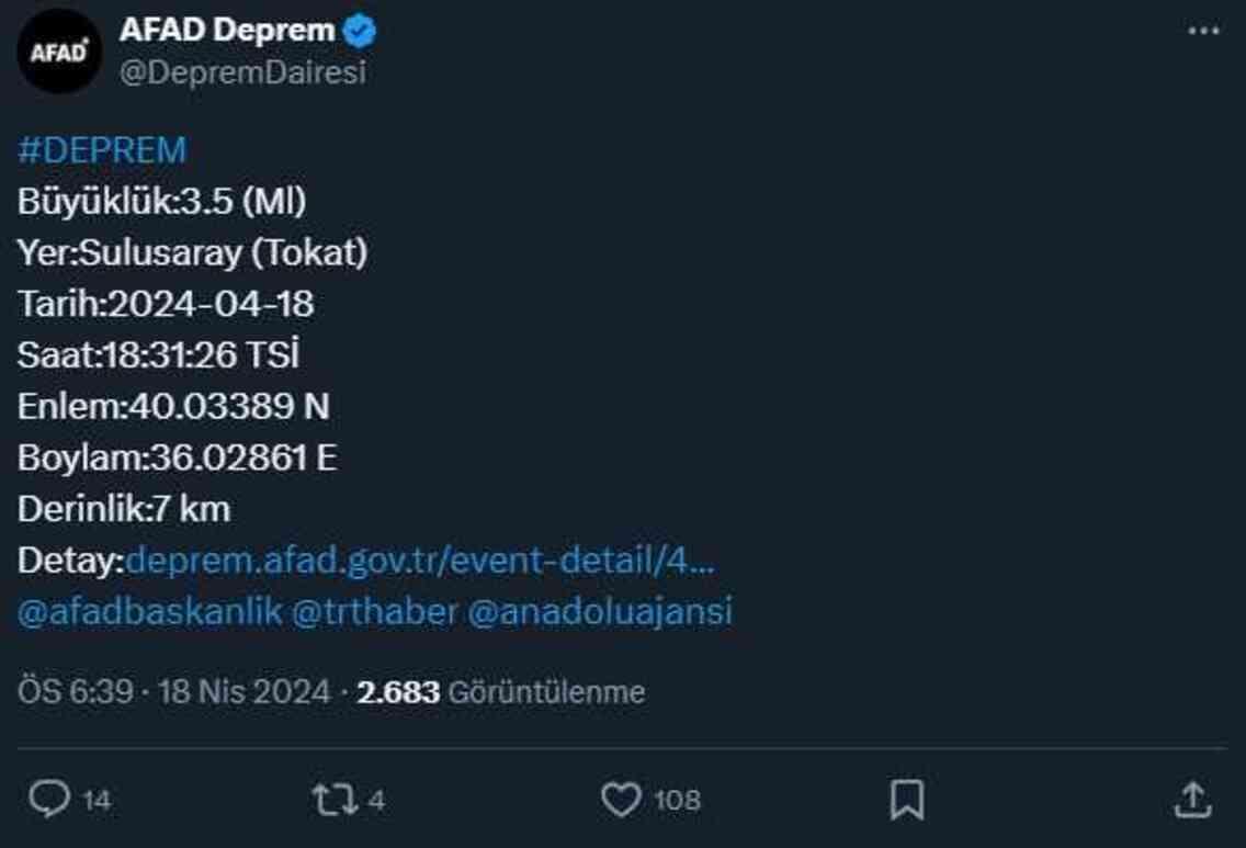 Tokat'ta 5,6 büyüklüğünde deprem meydana geldi