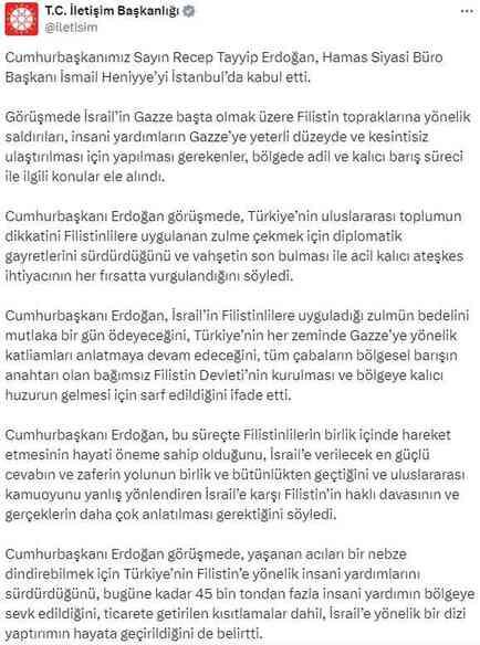 Cumhurbaşkanı Erdoğan ile Hamas Siyasi Büro Başkanı Heniyye görüşmesi sona erdi
