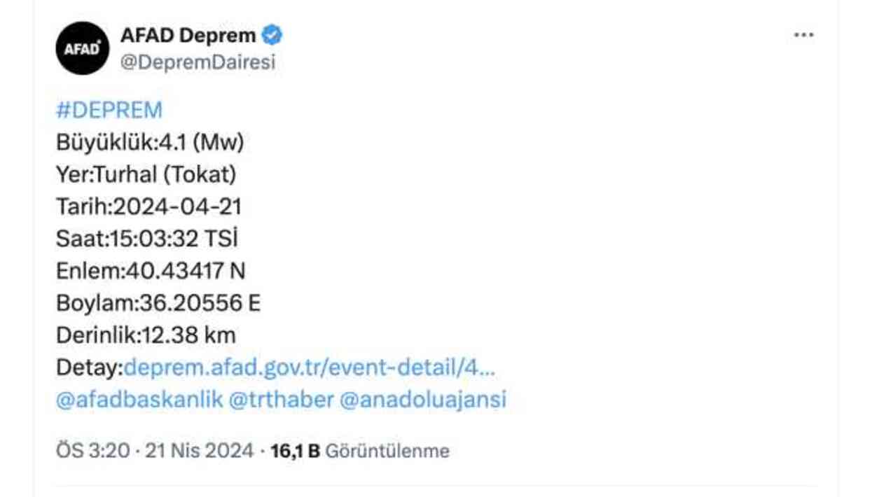 SON DAKİKA TOKAT'TA DEPREM: Deprem mi oldu? Depremin büyüklüğü ne? Deprem kaç şiddetinde ve derinliğinde oldu?