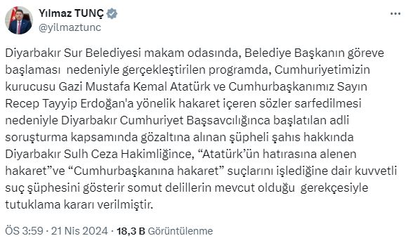 Sur Belediyesi'nde Atatürk ve Cumhurbaşkanı Erdoğan'a hakaret eden şüpheli hakkında tutuklama kararı