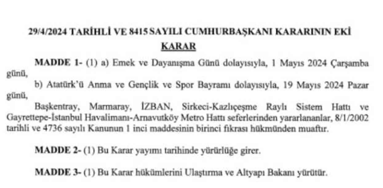 Resmi Gazete'de yayımlandı: Toplu taşıma 1 Mayıs'ta ücretsiz olacak! Resmi Gazete bugünün kararları neler?