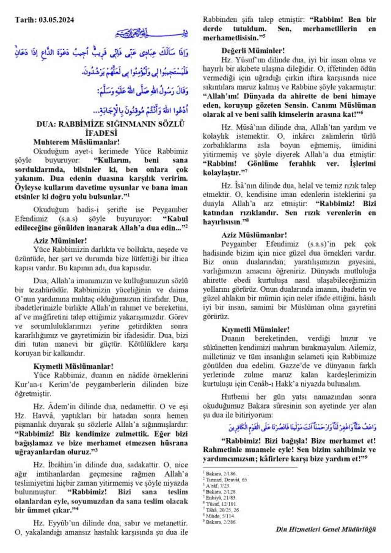 3 Mayıs Cuma Hutbesi yayınlandı! 3 Mayıs Cuma Hutbesi tam metni!
