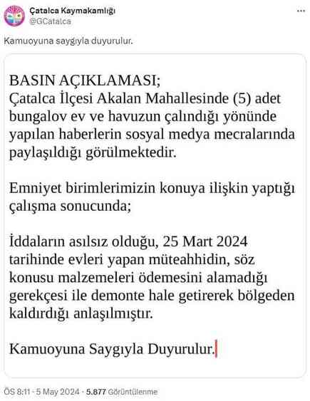 Çatalca'daki 'bungalov hırsızlığı' olayının aslı bambaşka çıktı: Müteahhit ödemesini alamayınca kaldırmış