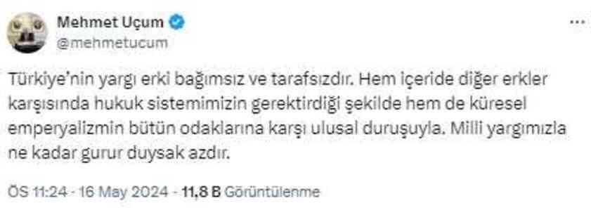 Cumhurbaşkanı Başdanışmanı Uçum: Yargımızla ne kadar gurur duysak az