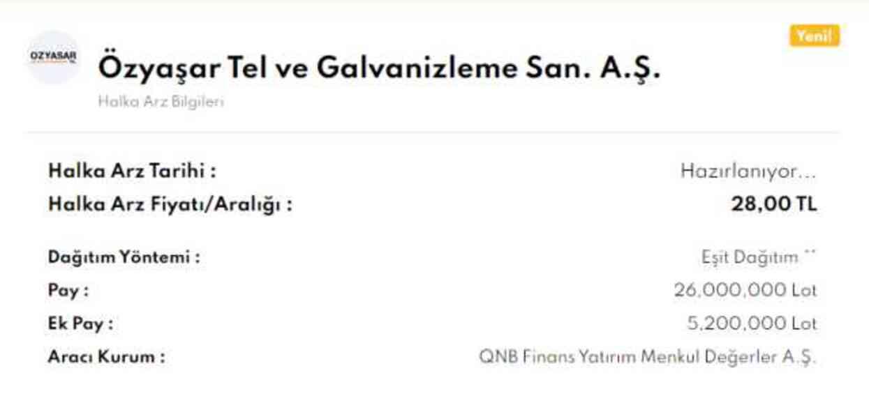 Özyaşar Tel halka arz ne zaman? Özyaşar Tel ve Galvanizleme kaç lot verir, katılım endeksine uygun mu?