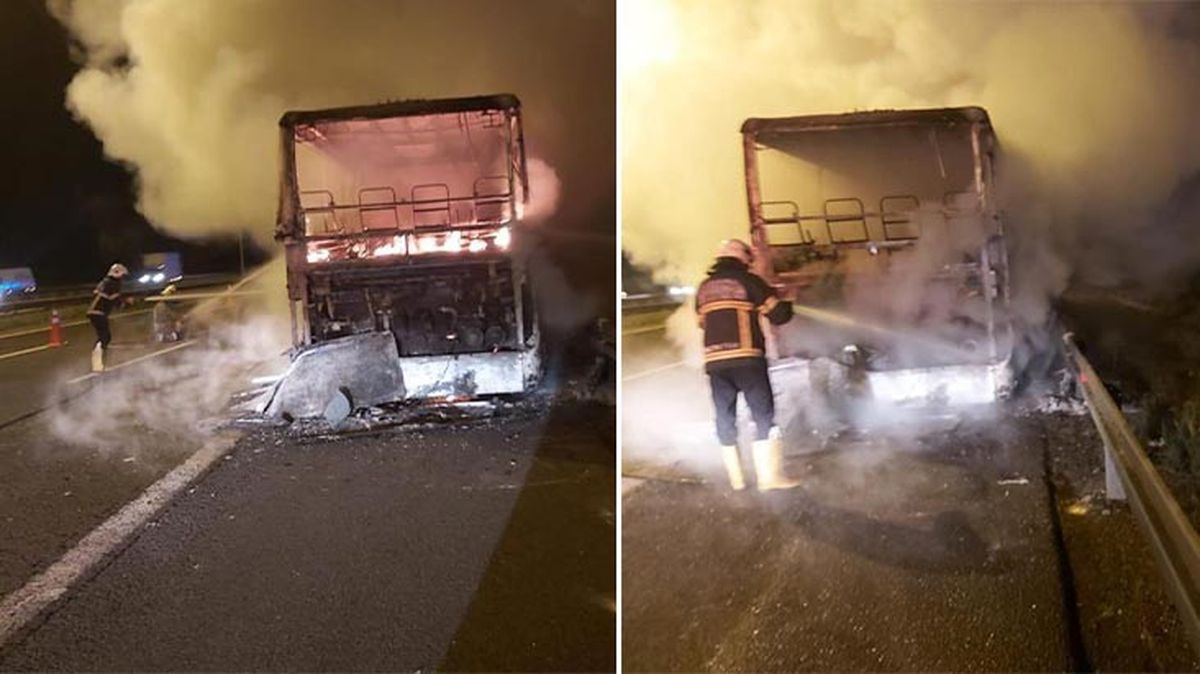İçerisinde 13 kişinin bulunduğu otobüs alev alev yandı! Ölümden kıl payı kurtuldular