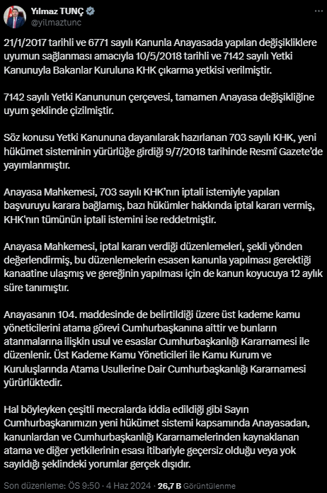 Cumhurbaşkanlığı'ndan AYM kararları sonrası ilk yorum: Cumhurbaşkanı'nın yetkileri iptal edilmedi