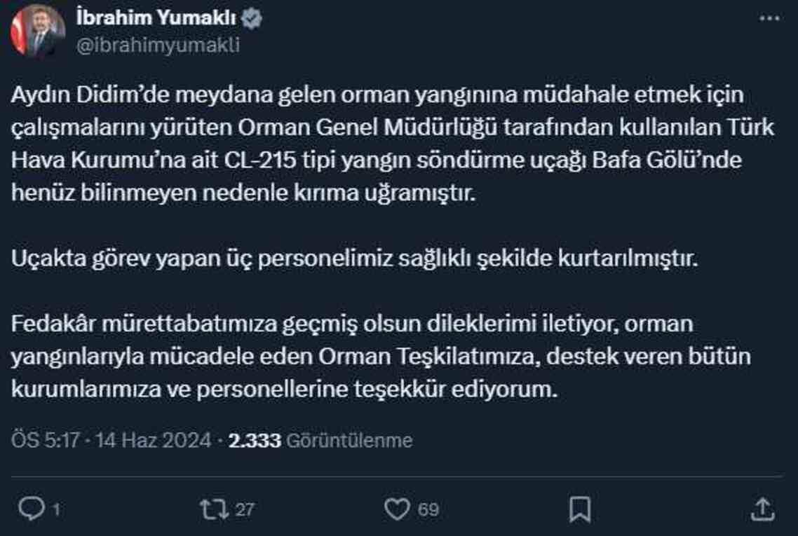 Aydın'da orman yangınına müdahale eden uçak Bafa Gölü'ne düştü Aydın'da orman yangınına müdahale eden uçak Bafa Gölü'ne düştü