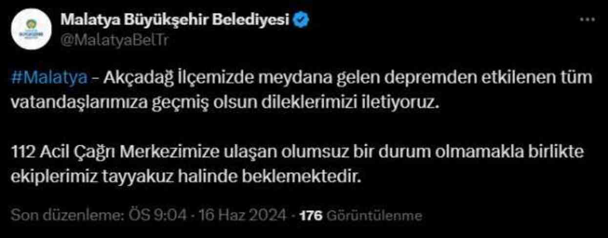 Malatya'nın Akçadağ ilçesinde 4.4 büyüklüğünde deprem