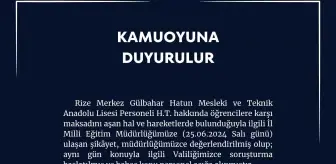 Rize'de Kız Meslek Lisesinde Görevli Memur Maksadını Aşan Hareketlerle İlgili Soruşturma Başlatıldı