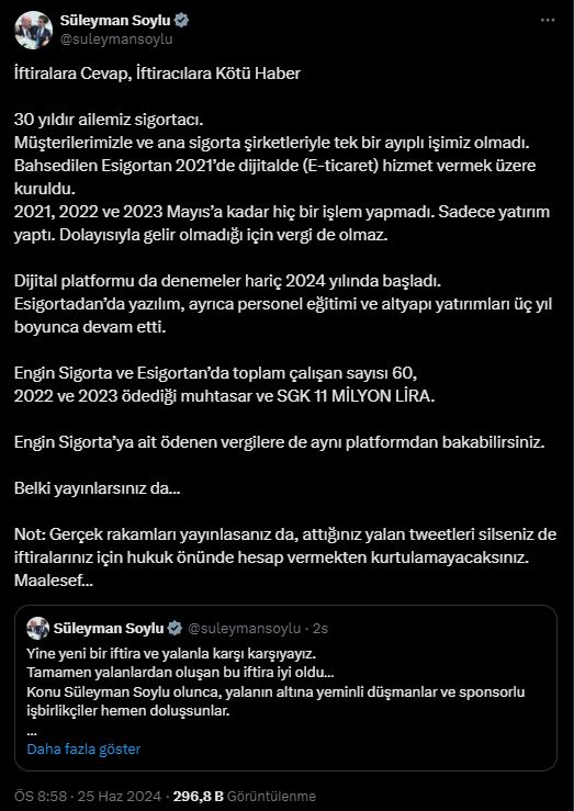 Süleyman Soylu's response to the allegation that his insurance company did not pay taxes: This slander is good