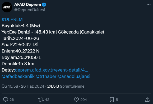 An earthquake with a magnitude of 4.4 occurred off the coast of Gökçeada
