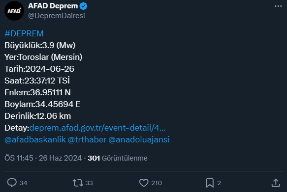 An earthquake with a magnitude of 3.9 occurred in Mersin