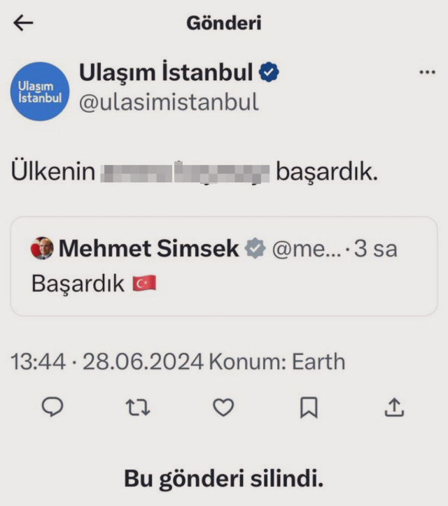 حساب وسائل التواصل الاجتماعي لبلدية إسطنبول يعلق بتعليق مسيء على منشور وزير شيمشك