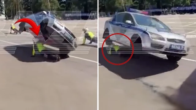 في روسيا، تسببت المظاهرة في كارثة! مركبة تمر فوق رأس ضابط الشرطة.