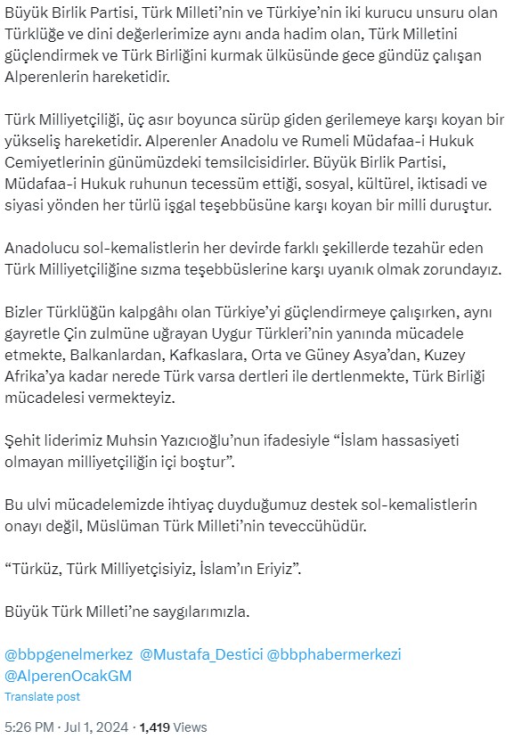 Response from BBP to Ümit Özdağ: The neo-fascist leader of the LGBT supporter party cannot understand our nationalism