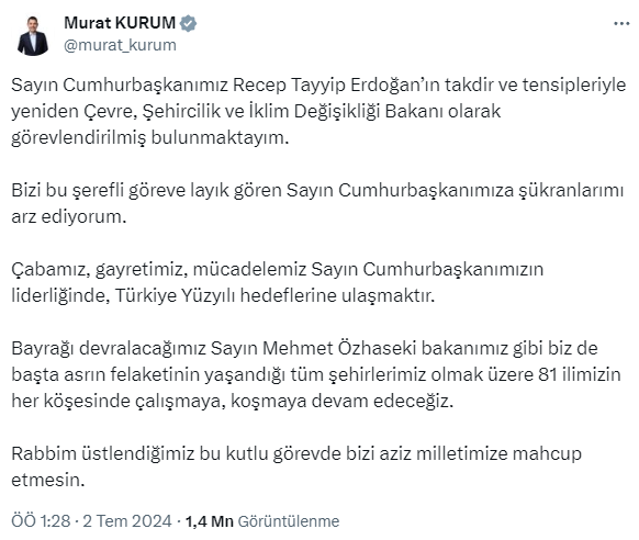 First words from Murat Kurum, appointed as the Minister of Environment