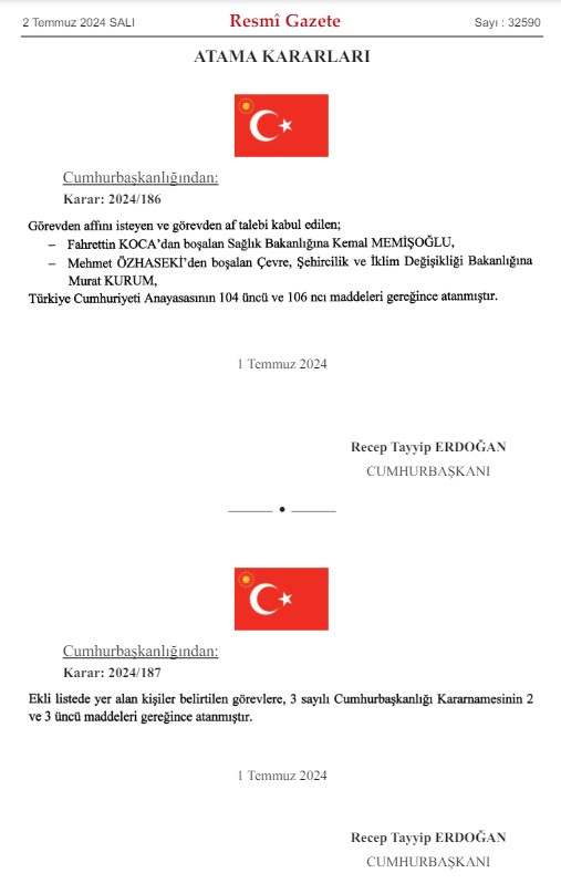 Kabine'de iki değişiklik! Özhaseki'nin yerine Murat Kurum, Fahrettin Koca'nın yerine Kemal Memişoğlu