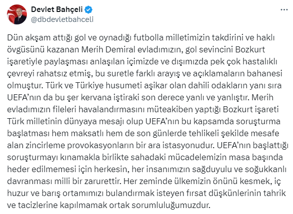 Strong reaction from Bahçeli to the investigation initiated against Merih Demiral