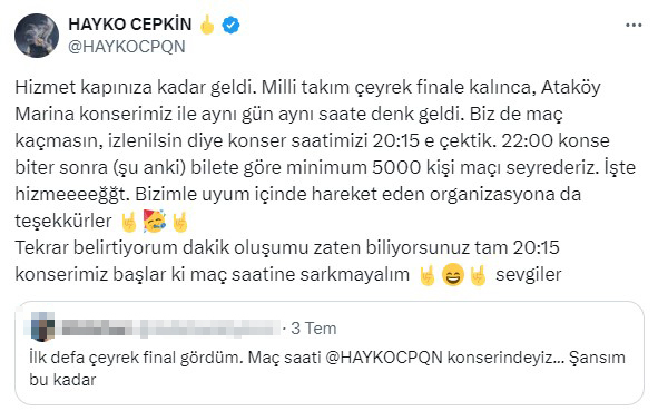 He didn't disappoint his follower! Hayko Cepkin changed the time of his concert that coincided with the Turkey match