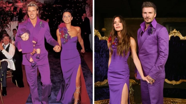 Victoria and David Beckham wore their wedding outfits again on their 25th anniversary.
