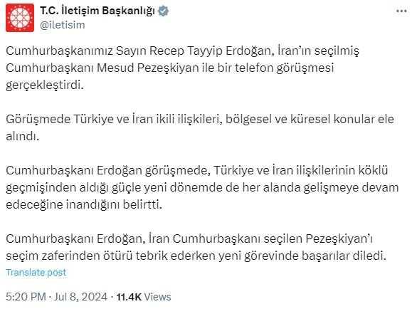 President Erdogan congratulates Iran's new President-elect, Raisi, on the phone