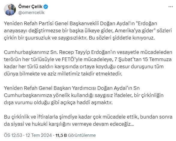 Yeniden Refahlı Doğan Aydal: If the constitution does not change, President Erdoğan can flee abroad