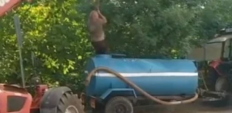Su Tankerinde Mahsur Kalan Çiftçi İş Makinesiyle Kurtarıldı