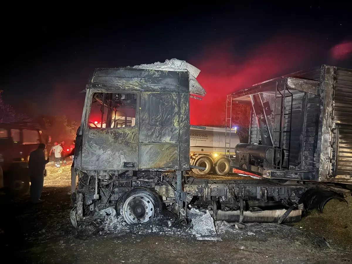 Tekirdağ'da park halindeki tırda çıkan yangın anızlık alana sıçradı