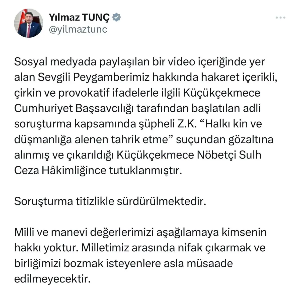 Adalet Bakanı: Hz. Muhammed'e hakaret eden şüpheli tutuklandı