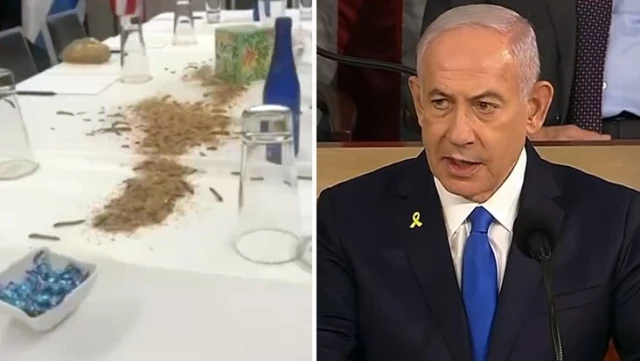 Нетаньяху был встречен в США так, как заслуживает! На стол положили куропатку, таракана и червяка.